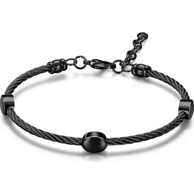 Stainless Steel Cable Wear Round Bead Adjustable Size Bangle Bracelet - Black
