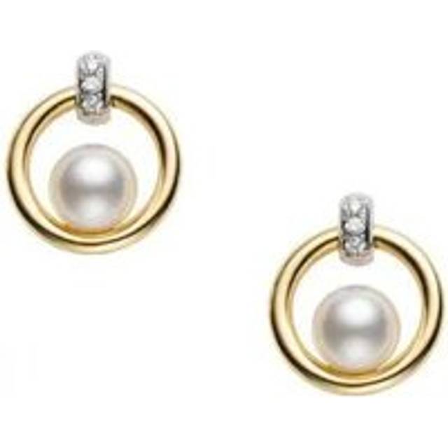 Mikimoto Circle 18ct White Yellow Gold Diamond 5.5mm White Akoya Pearl Stud Earrings - Yellow Gold