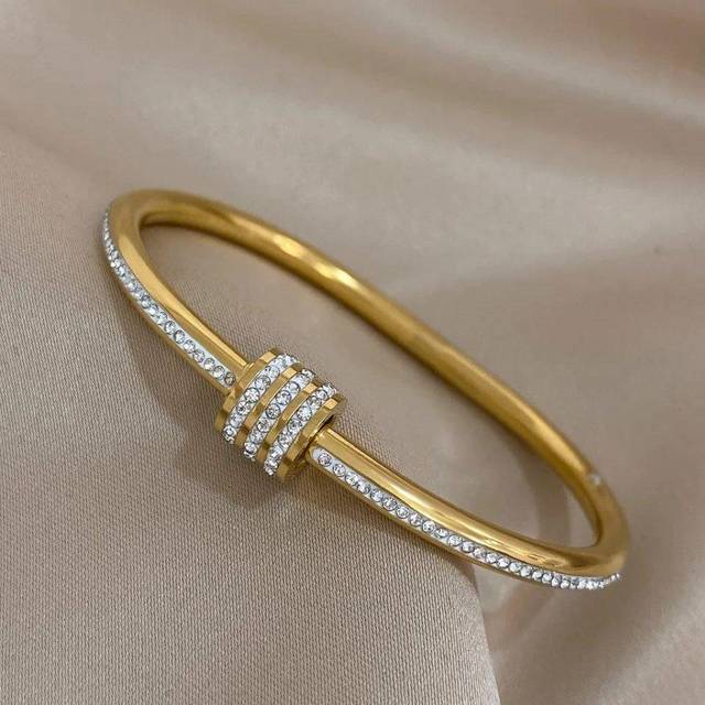 Stainless Steel Zircon Ball Crystal Round Fashion Open Bangle Bracelet - Gold - One Size