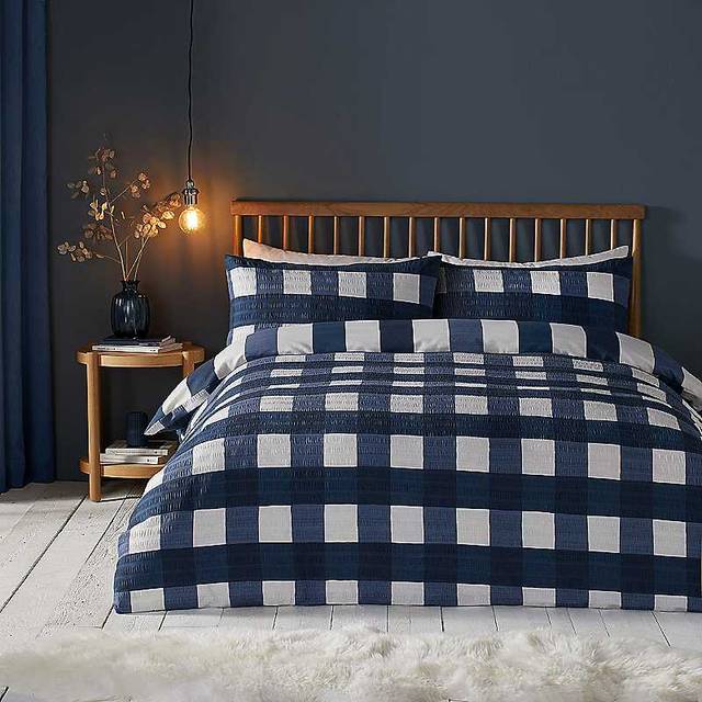 Fusion Snug – Seersucker Gingham Check – borstat påslakanset – dubbelsäng i marinblå