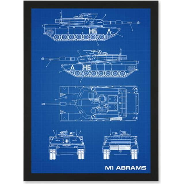 M1 Abrams American Main Battle vest Blueprint Plan Artwork Framed Wall Art Print A4 - Black - One Size