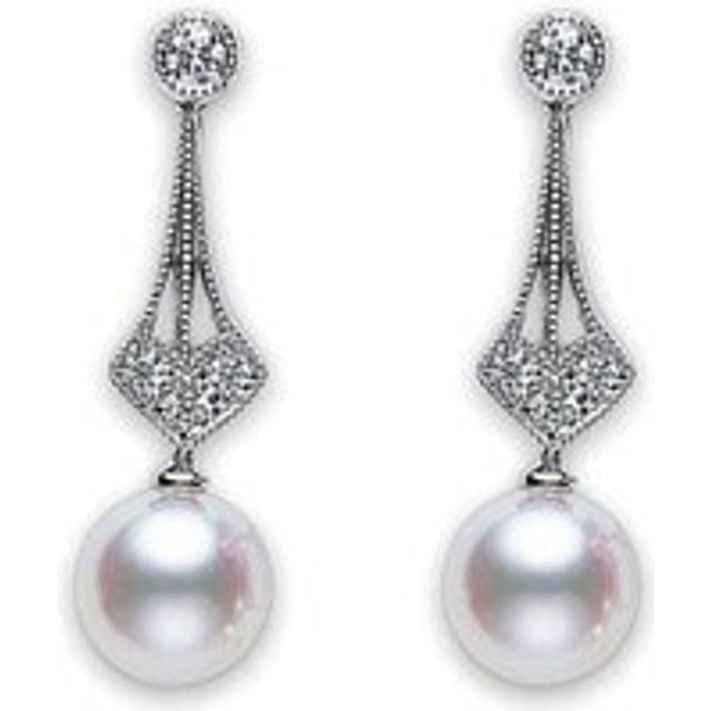Mikimoto 18ct White Gold Diamond 7mm White Akoya Pearl Drop Earrings - TITLE White Gold
