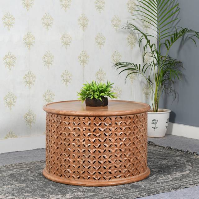 Colymone Modern Solid Mango Wood Round Coffee Table for Living Room