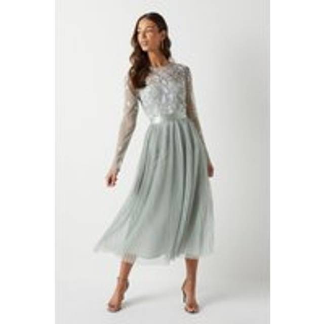 Embroidered Floral Pleated Midi Bridesmaid Dress - Sage - 12