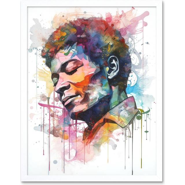 Wall Art Print Male Portrait Face Closed Eyes Listening to Music Multicoloured Modern Watercolour Painting Art Framed - White - W12 inch x H16 inch
