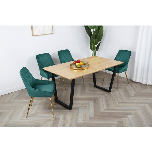 Hamilton Dining Set - Oak Table with 4 Velvet Chairs - Bottle Green - One Size