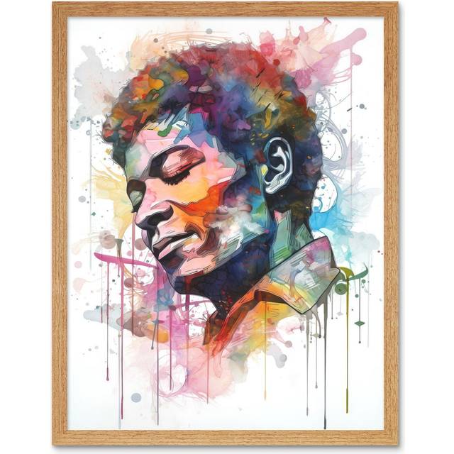 Wall Art Print Male Portrait Face Closed Eyes Listening to Music Multicoloured Modern Watercolour Painting Art Framed - Tan - W12 inch x H16 inch