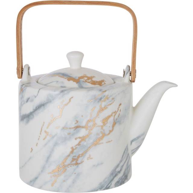 White Porcelain Teapot With Bamboo Handle,Marble Effect Gold Finish Ceramic Tea Pot,Ideal For Tea, or Coffee - One Size