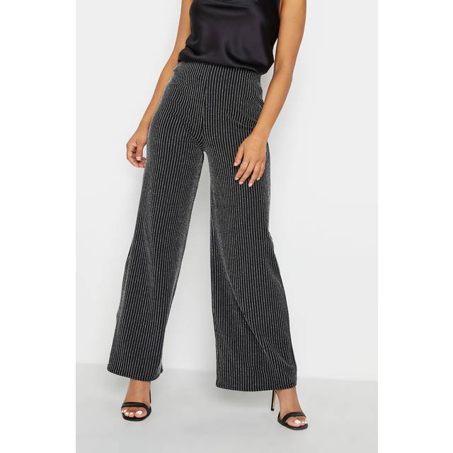 Pixiegirl Petite Black & Silver Glitter Pinstripe Wide Leg Trousers 27" > 16 Pixiegirl | Petite Women's Wide Leg Trousers - 27" 16