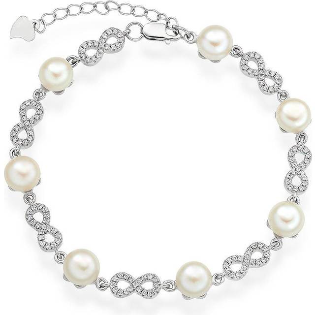 Silver Cubic Zirconia Freshwater Cultured Pearl Infinity Bracelet