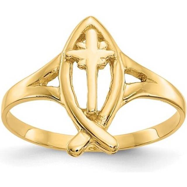 14K Yellow Gold Ichthus with Cross Ring - Size 6