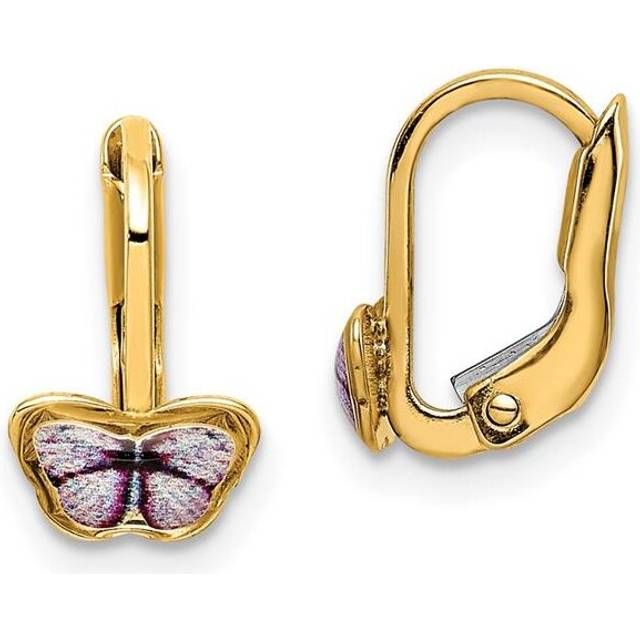 14K Yellow Gold Childrens Enamel Butterfly Hoop Earrings