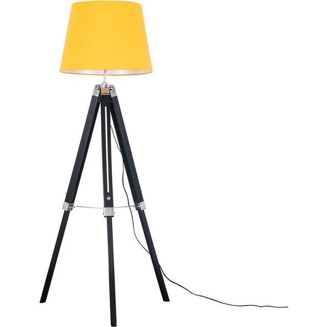 Modern Black Wood and Silver Chrome Tripod Floor Lamp with a Mustard Tapered Shade - Complete with a 6w LED GLS Bulb [3000K Warm White]