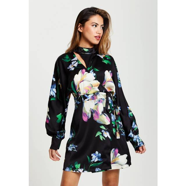 Womens Elegant Floral Print Mini Wrap Dress With Cut Out Detail - Black - 14