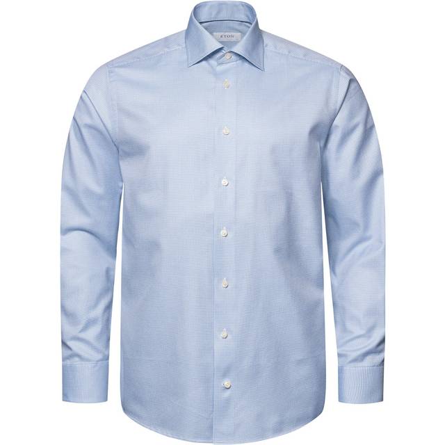 Eton Mens Light Blue Houndstooth-patterned Slim-fit Cotton-blend Shirt 15.75 - LIGHT BLUE