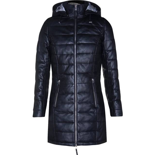 (XS) Women's Black Leather Puffer Quilted Hooded Coat