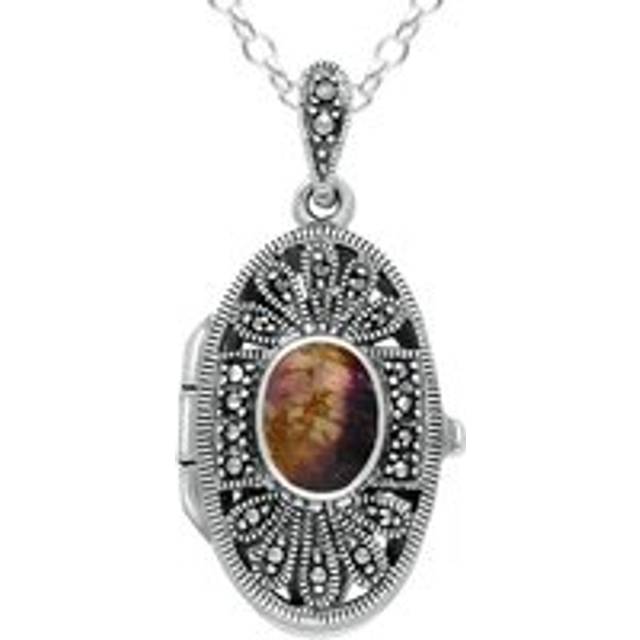 Sterling Silver Blue John Marcasite Oval Floral Locket Necklace - Silver