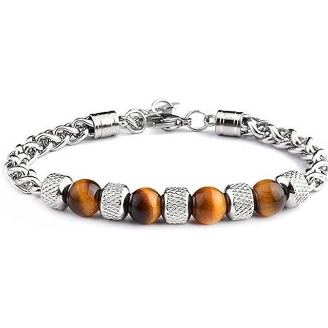 Women Men Charm 8MM Natural Stone Strand Bracelets Stainless Steel Link Chain Bangles Tiger eye Beaded Yoga Bracelet Male Jewelry Gifts - Yellow