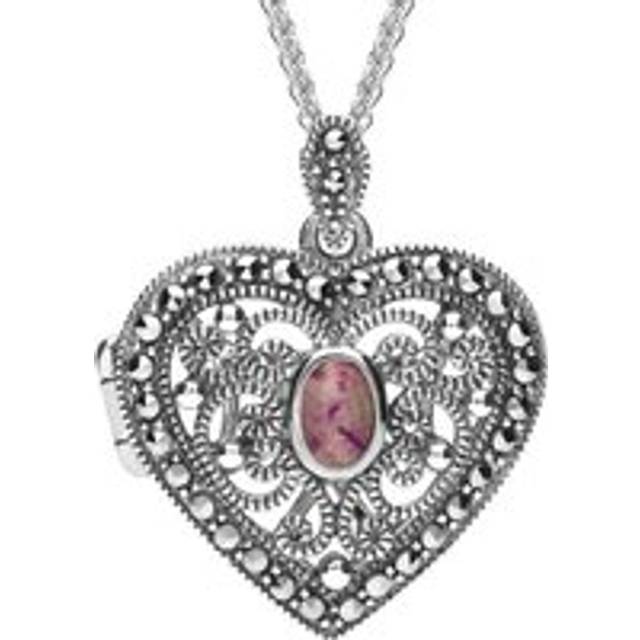 Sterling Silver Blue John Marcasite Heart Locket Necklace - Silver