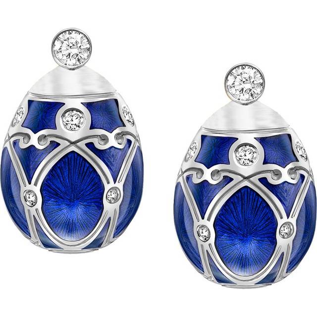 Faberge Heritage White Gold Diamond Royal Blue Guilloche Enamel Stud Earrings