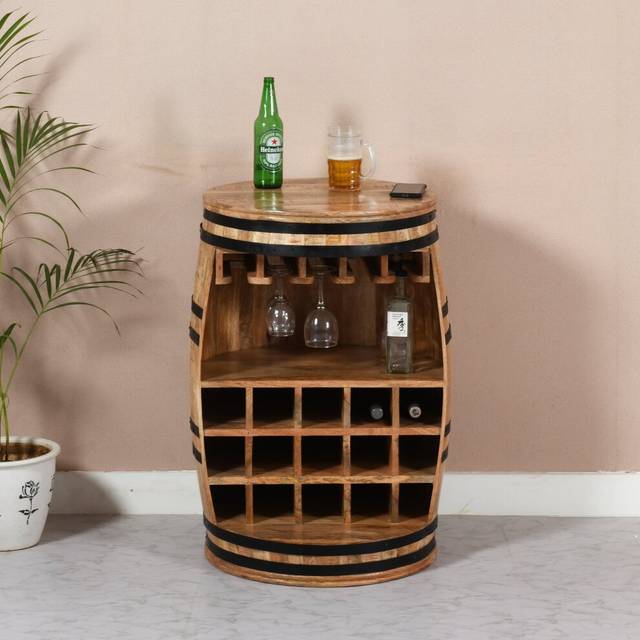 IH Design Natural Solid Dark Wood Barrel Wine Sideboard, Brown