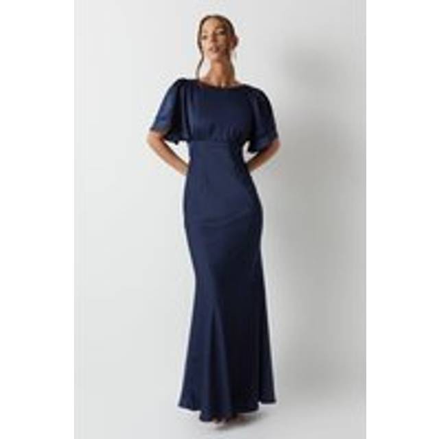Coast Honoured Satin Back Crepe High Neck Short Sleeve Maxi Bridesmaid Dress - Navy - 12