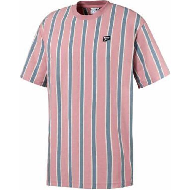 Puma Downtown Short Sleeve Crew Pink Blue Mens Striped T-Shirt 595687 14 Cotton - Size Small
