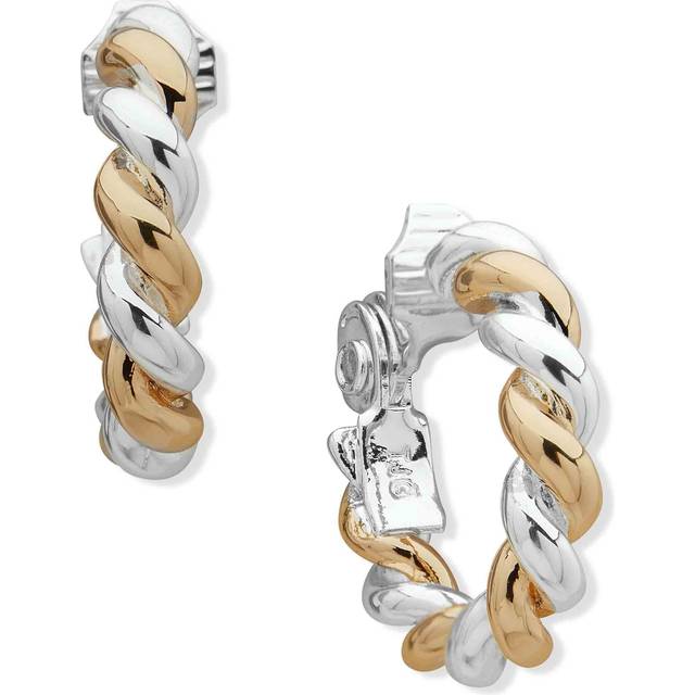 Anne Klein Women's Two-Tone Rope Hoop Comfort Clip Earrings in Silver Tone size 0.22"