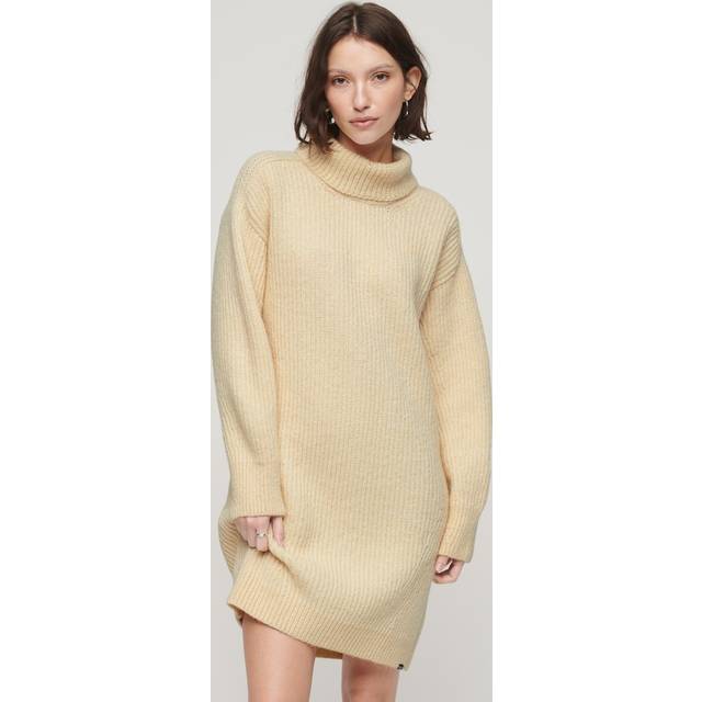 Superdry Damen Strickpulloverkleid mit Rollkragen Beige - Größe: 42