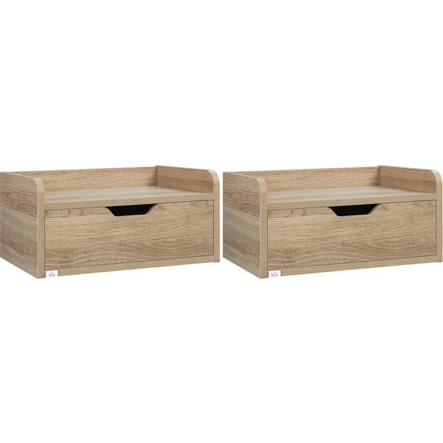 HOMCOM Floating Nightstand Set of 2 Wall Mounted Bedside Table with Storage Drawer for Bedroom, Natural