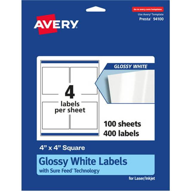 "Avery Glossy White Square Labels with Sure Feed  4"""""""" x 4""""""""  400 Glossy White Labels  Permanent Label Adhesive  Laser/Inkjet Printable Labels"