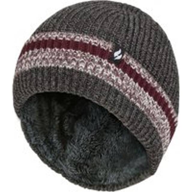 (One Size, Charcoal) Heat Holders - Mens Striped Turnover Cuff Knitted Thermal Beanie Hat for Winter