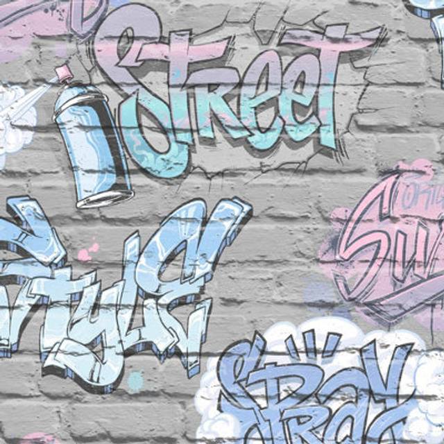 Muriva Graffiti Pattern Childrens Wallpaper Painted Brick Faux Effect Metallic[GREY L17906]