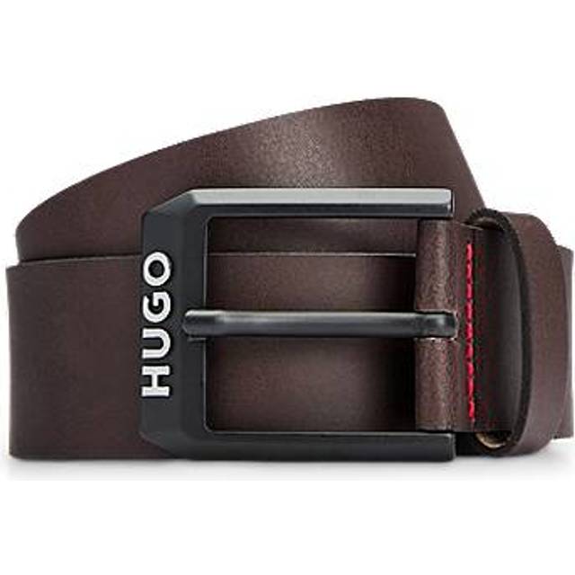 Leather belt with matte-black logo-trim buckle