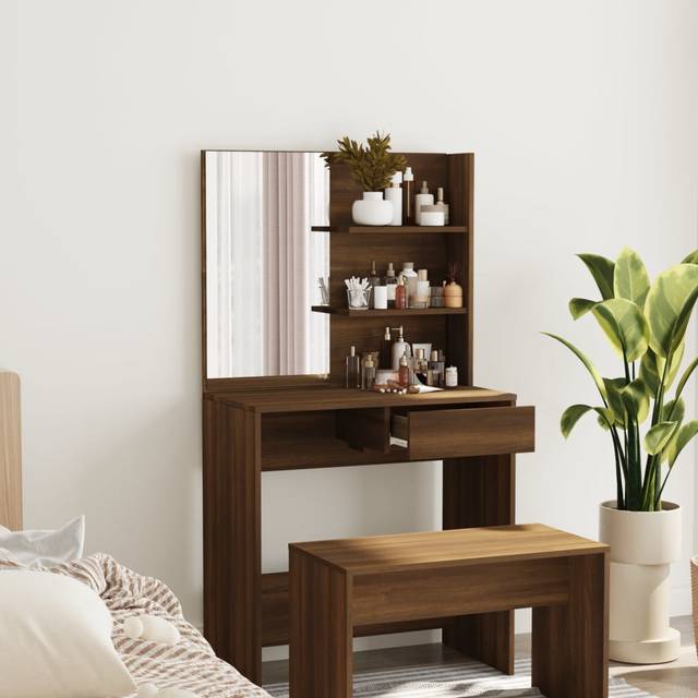 Vidaxl Dressing Table With Mirror Brown Oak 74.5X40X141 Cm - One Size