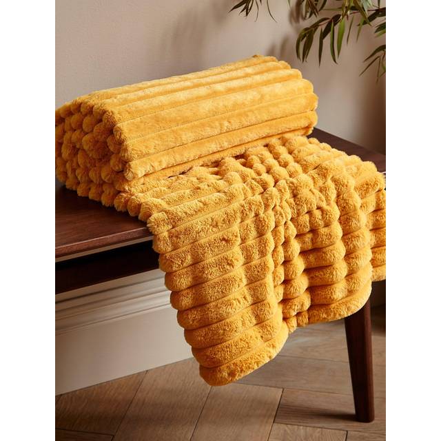 Cosy Ribbed Faux Fur Soft Blanket Throw - Mustard - One Size - Catherine Lansfield
