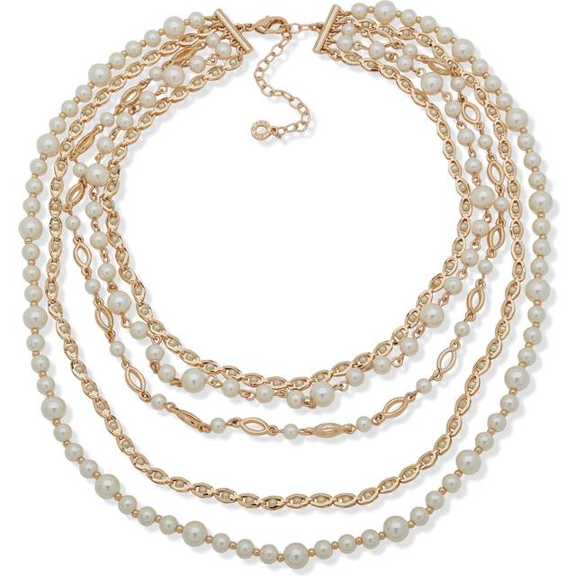 Anne Klein Women's Pearl Multi Row Necklace in Gold Tone