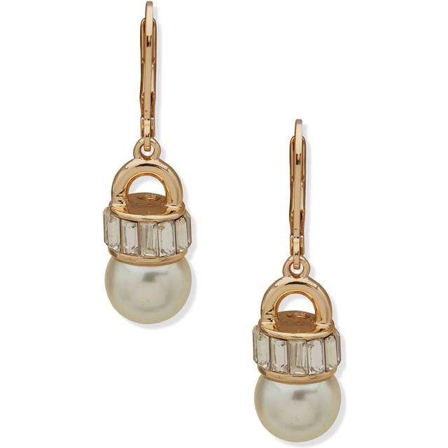 Anne Klein Women's Faux Pearl & Stone Baguette Leverback Drop Earrings in Gold Tone size 1.4"