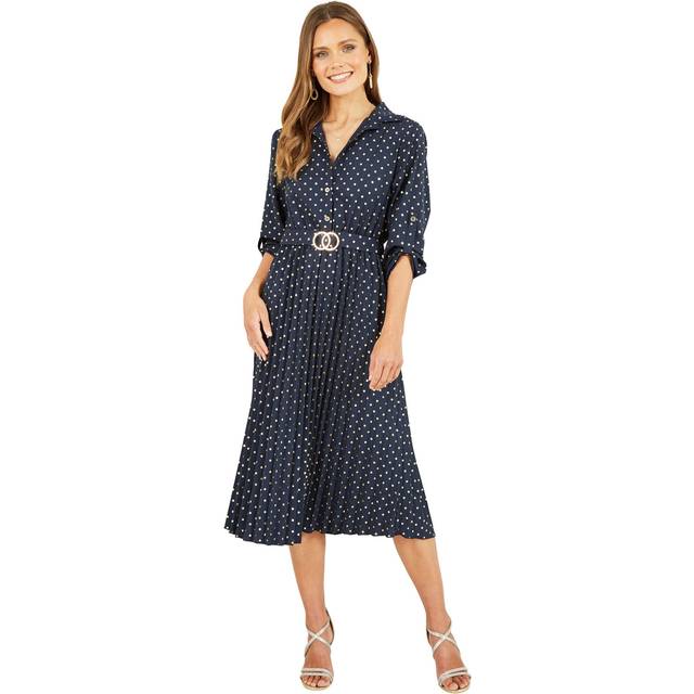 Mela London Womens Navy Spot Pleated Skirt Midi Dress With Gold Buckle - Size 8 UK