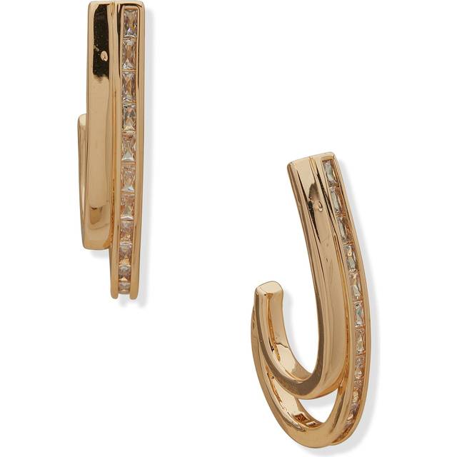 Anne Klein Women's 2 Row C Hoop Earrings in Gold Tone