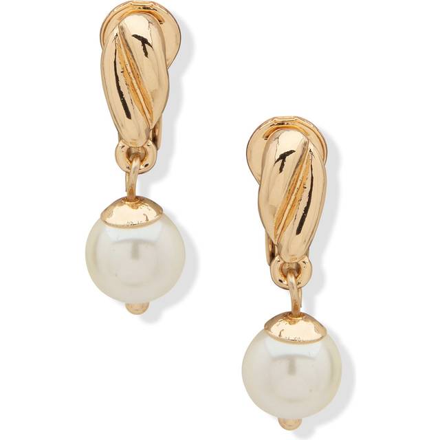 Anne Klein Women's Twisted Button with Pearl Drop Clip On Earrings in Gold Tone size 0.45"