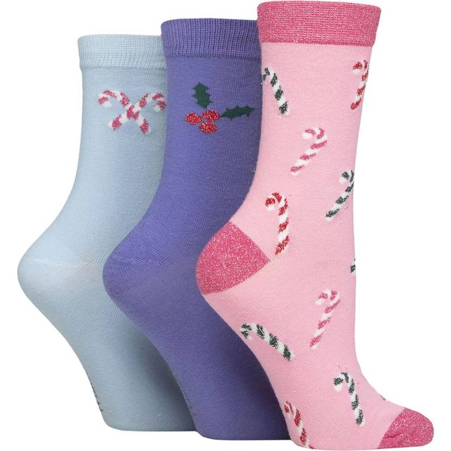 Women's 3 Pair SOCKSHOP Wildfeet Cotton Christmas Gift Socks Candy Cane / Holly 4-8 - Multi Coloured