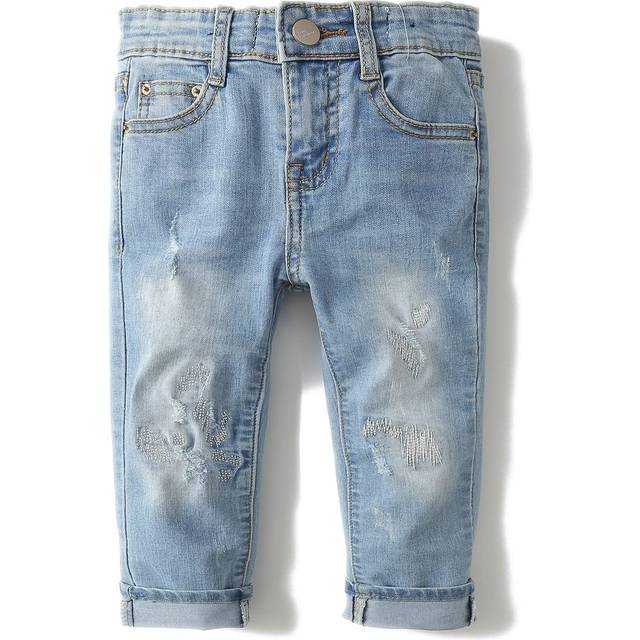 KIDSCOOL SPACE Baby Girl Boy Jean D Ring Elastic Band Inside Ripped Denim Pants Light Blue 4-5 Years