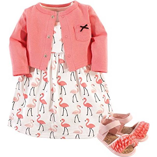 Hudson Baby Baby Girl Cotton Dress  Cardigan and Shoe Set  Flamingos  9-12 Months