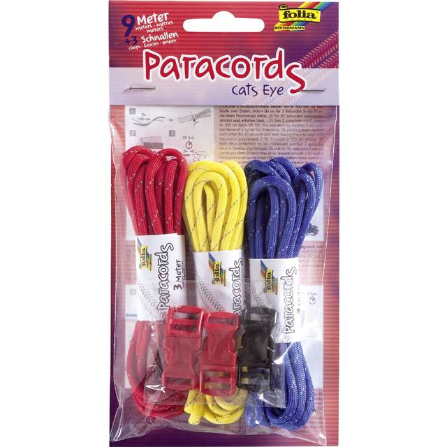 folia 83301 – Paracord-set med kattöga, 3 snören à 3 m och 3 lås – perfekt för att skapa armband