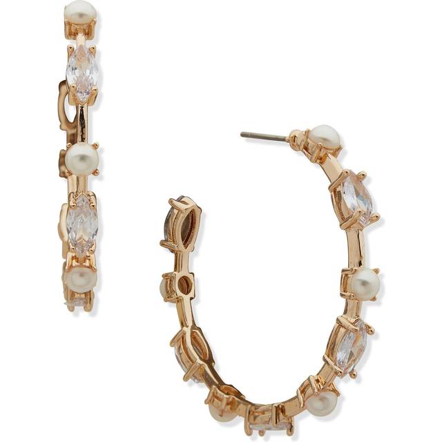 Anne Klein Women's Pearl C Hoop Earring with Crystals in Gold Tone size 1.7"