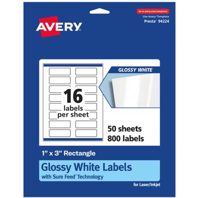 "Avery Glossy White Rectangle Labels With Sure Feed  1"""""""" x 3""""""""  800 Count  Print-to-The-Edge  Permanent Adhesive  Laser/Inkjet Printable"