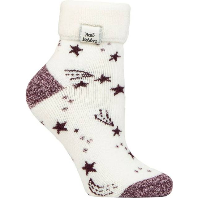 (4-8 UK, Ivory/Cabernet Stars) Heat Holders - Cozy Turn-Over Cuff Lounge Socks | Warm Winter Socks for Women