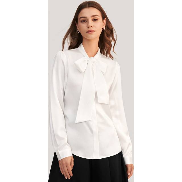 LILYSILK UK Silk Shirt Women Bow-Tie Neck Silk Blouse Lightweight 100% Pure - White - M