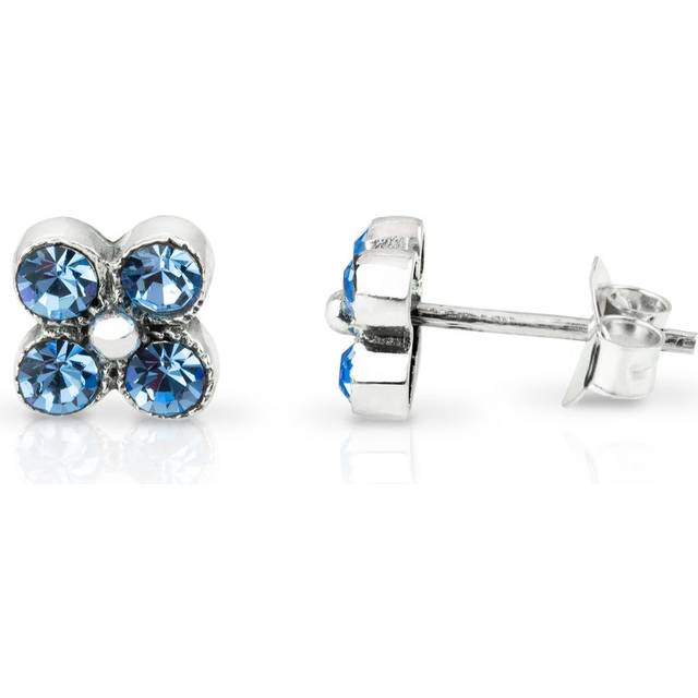 John Greed Signature Silver Blue Topaz CZ Flower Stud Earrings For Women - blue/silver